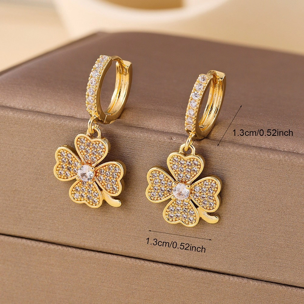 Pave CZ Four Leaf Clover Dangle Huggie Earring