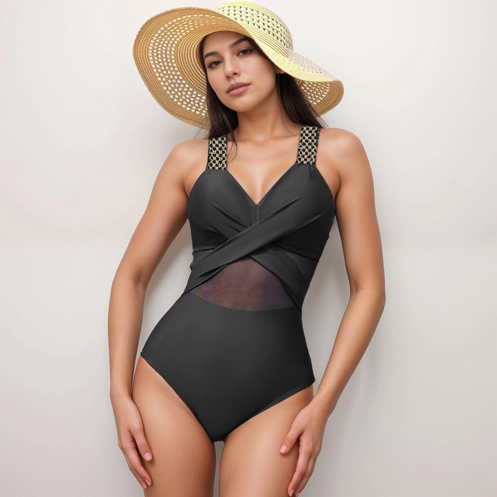 Anna-Kaci Women Colorblock One-Piece Swimsuit Front Detail Mesh Straps