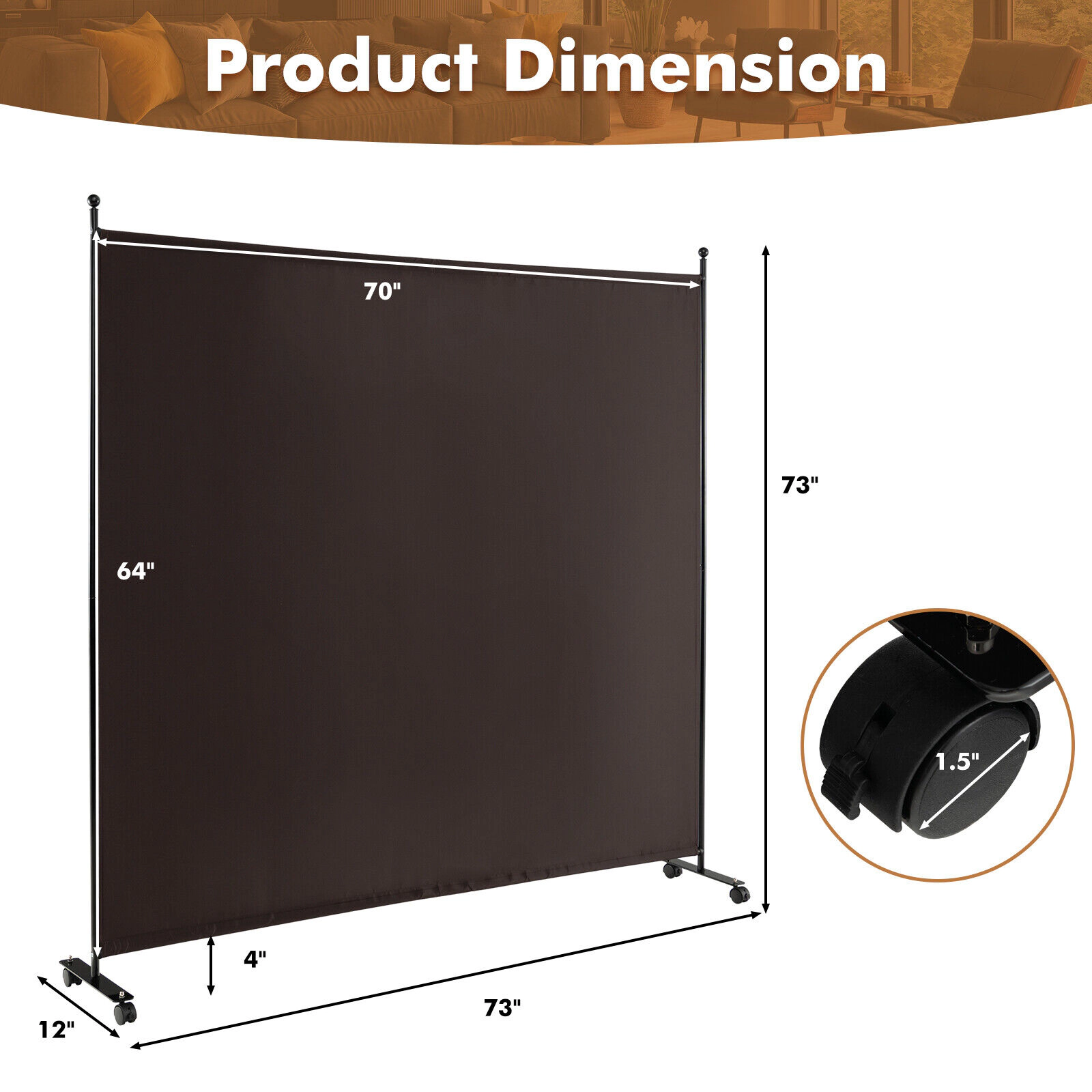 SUGIFT Single Panel Lockable Casters Metal Frame Rolling Room Divider 73-in x 12-in x 73-in 4 Wheels 9-lb Brown