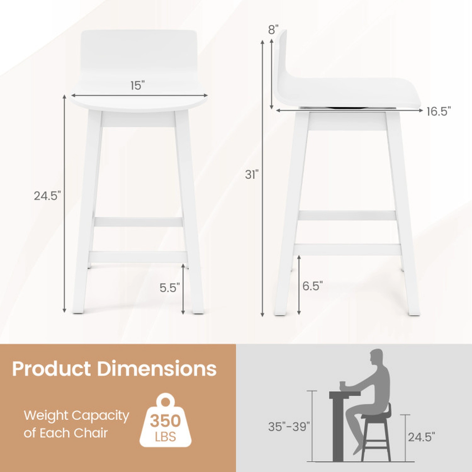 SUGIFT 24.5-in Seat Height Swivel Wooden Bar Stools Set of 2 with Rubber Wood Legs 350-lb Capacity Low Back White