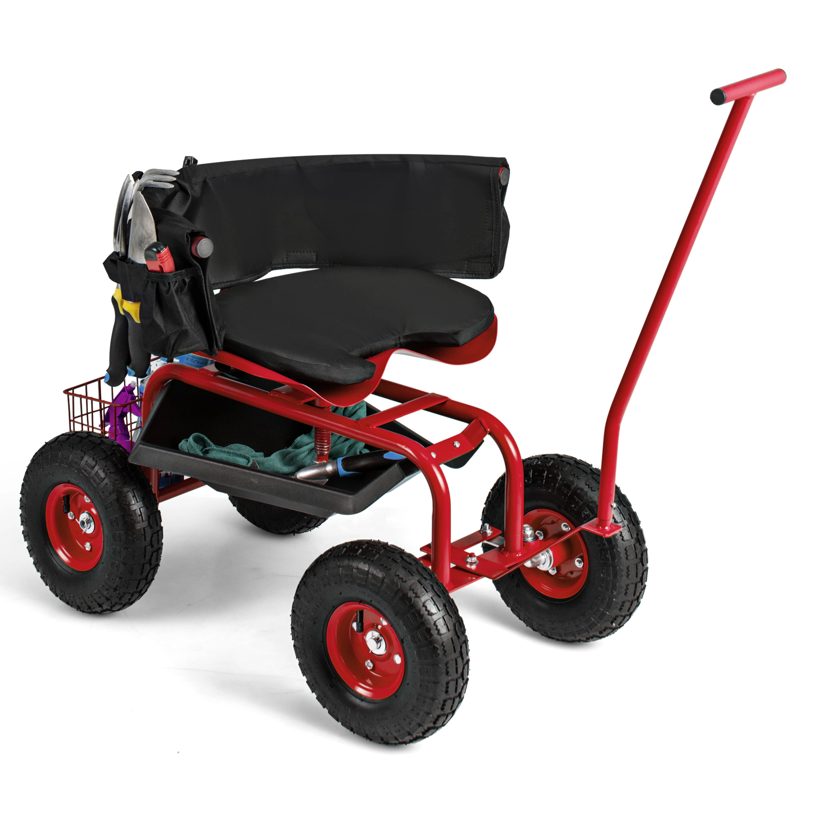 SUGIFT Rolling Garden Cart Red with Height Adjustable Swivel Seat Tool Tray and Basket