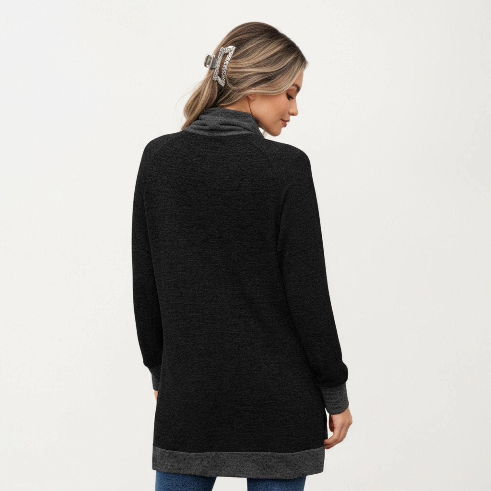 Anna-Kaci Women's Cowl Neck Contrast Cuff Hem Long Sleeve Knit Top