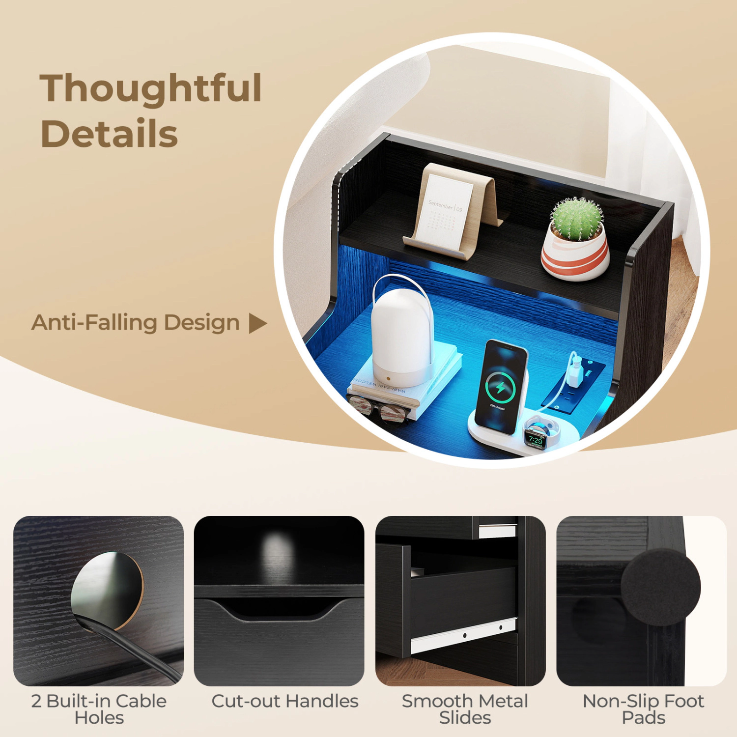 Glintex 28.5-Inch LED Nightstand with 60000-Color RGB Music Sync and Charging Station