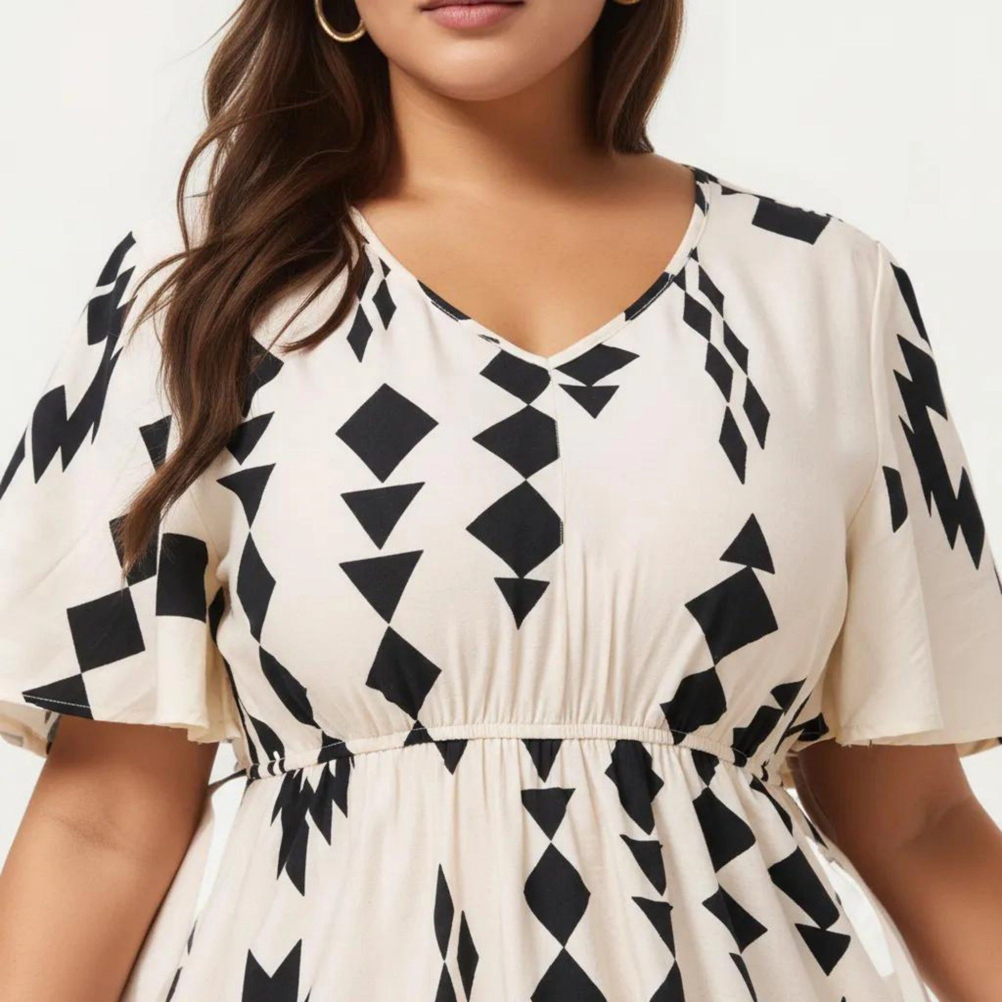 Anna-Kaci Women's Short Sleeve V Neck Elastic Waist Geometric Print Tiered Hem Flowy A Line Midi Dress