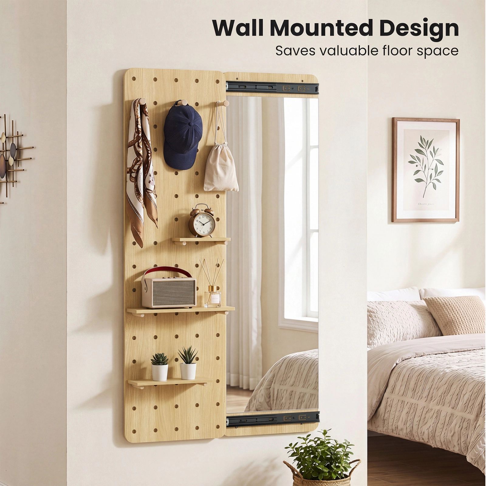 SUGIFT Solid Wood Full Length Mirror Natural with Pegboard Shelves and Hooks