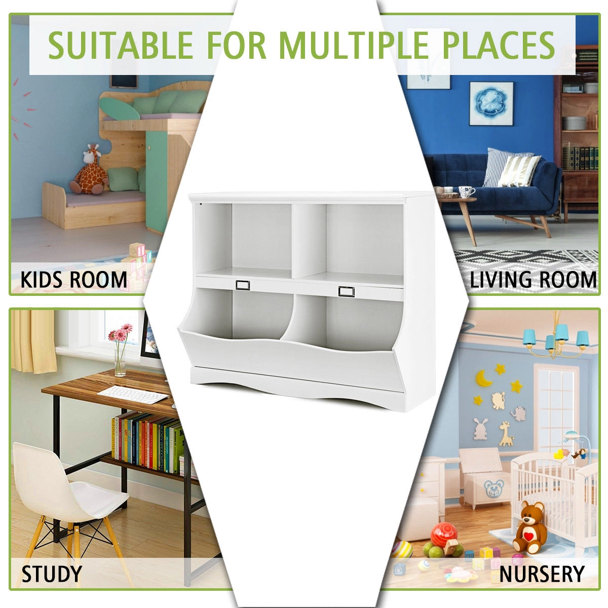 SUGIFT Kids Storage Unit Baby Toy Organizer Children Bookshelf Bookcase with 2-Tier Open Shelves 33-in Tall White/Brown