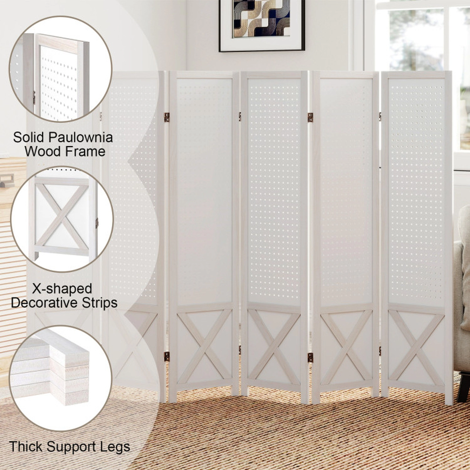 SUGIFT 6-Panel Pegboard Paulownia Wood Foldable Privacy Screen Room Divider 97-in x 67-in 16-in Folded 39-lb White