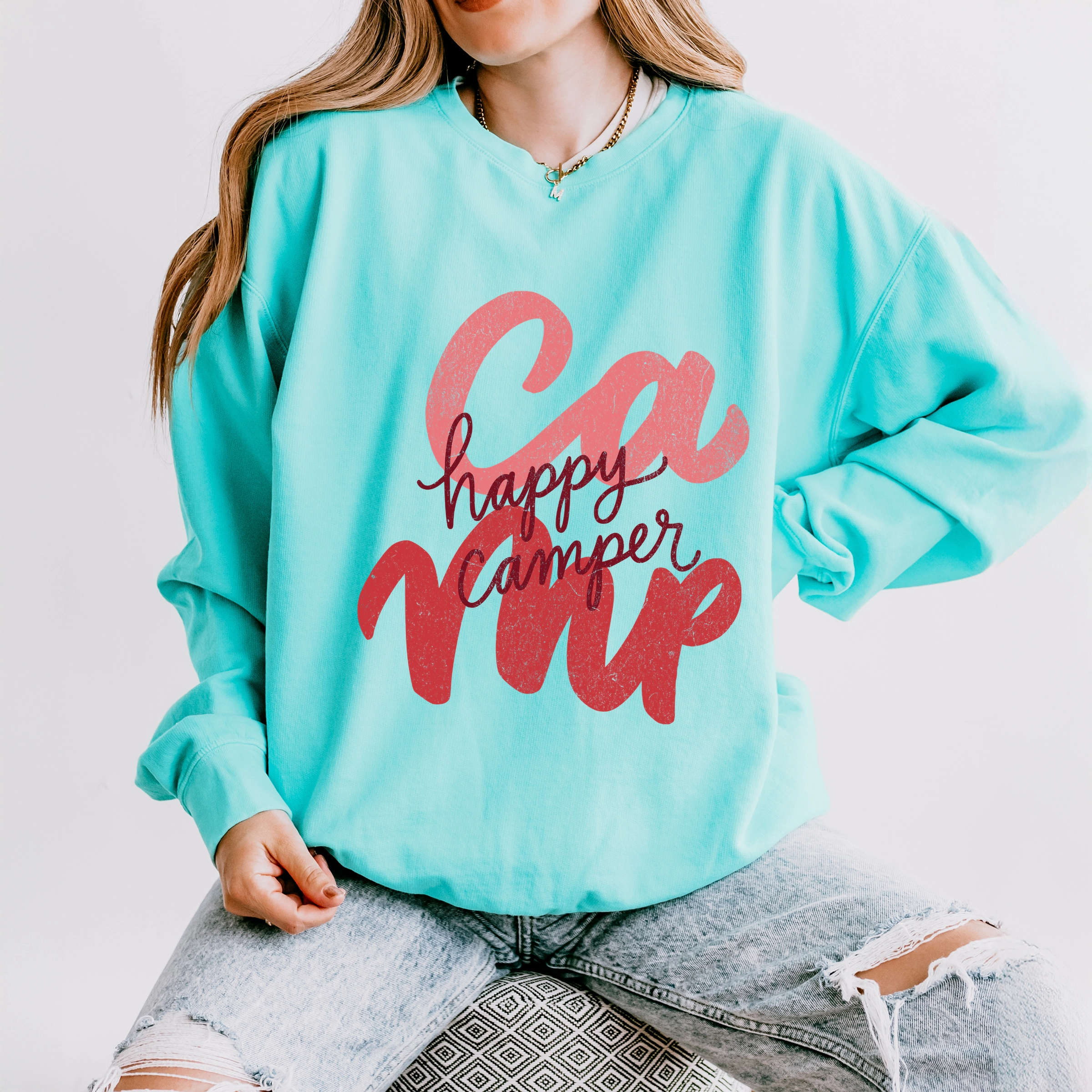 Simply Sage Market - Happy Camper Cursive Women's Lightweight Garment Dyed Sweatshirt