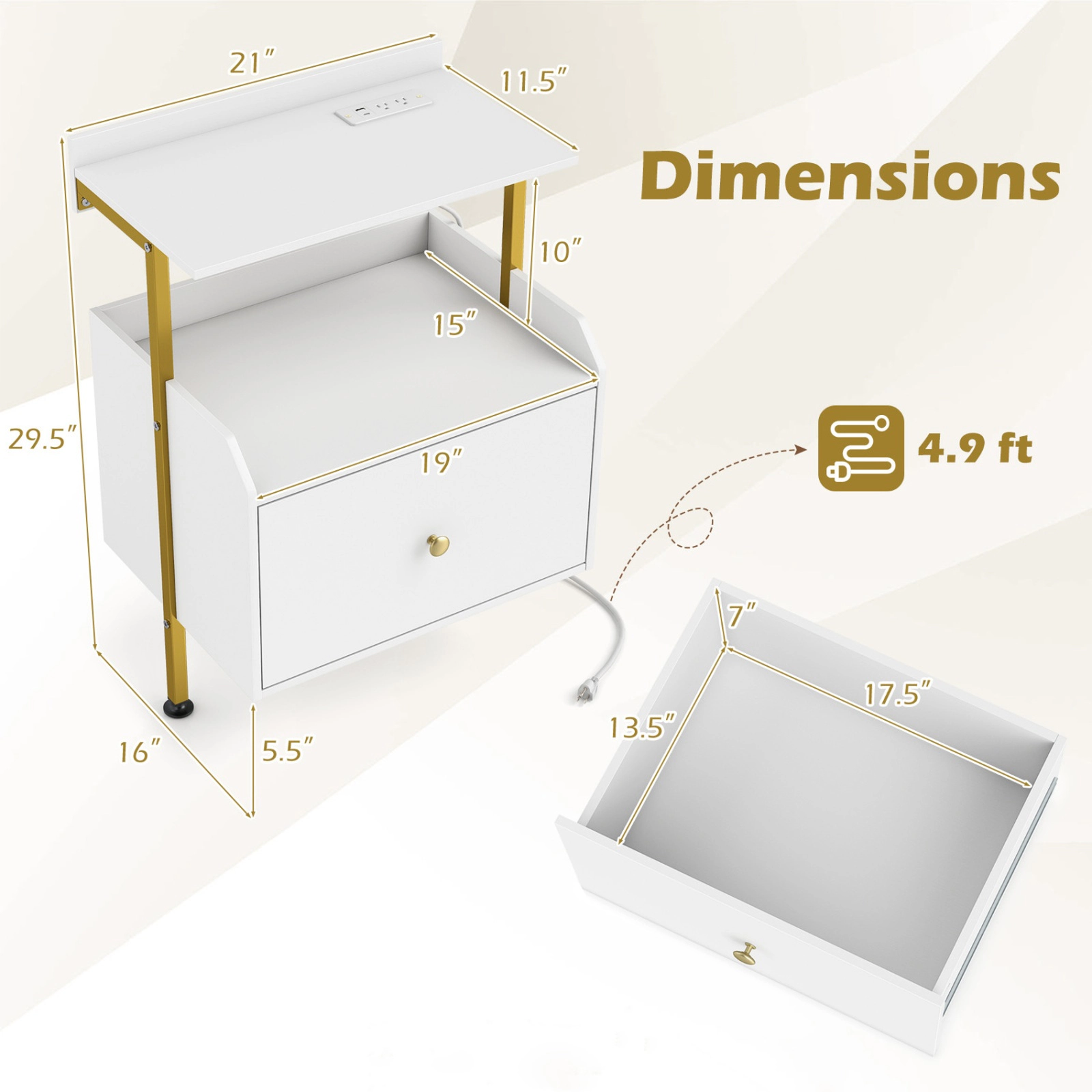 SUGIFT Wall Mounted Nightstand White with LED Lights Charging Station and Drawer