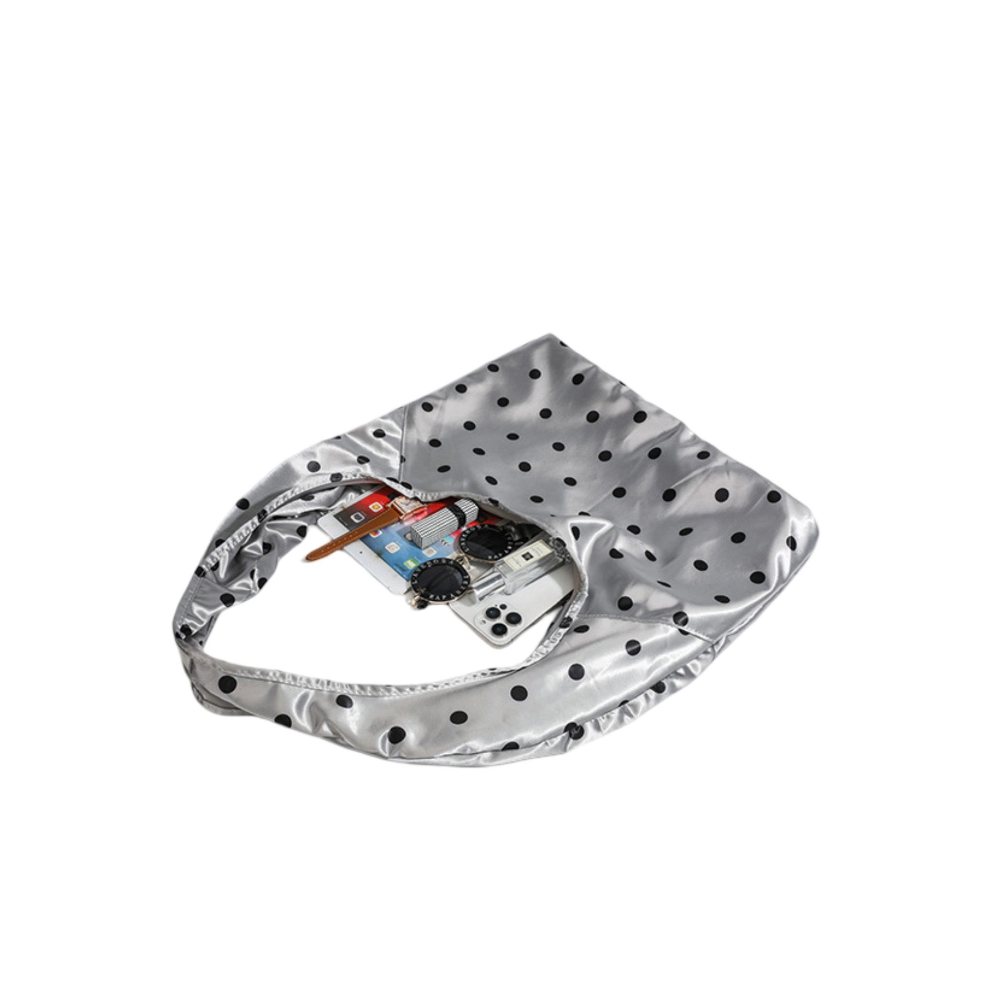 Alilang Women's Silver Polka Dot Satin Tote Bag, Lightweight Slouchy Shoulder Bag for Women