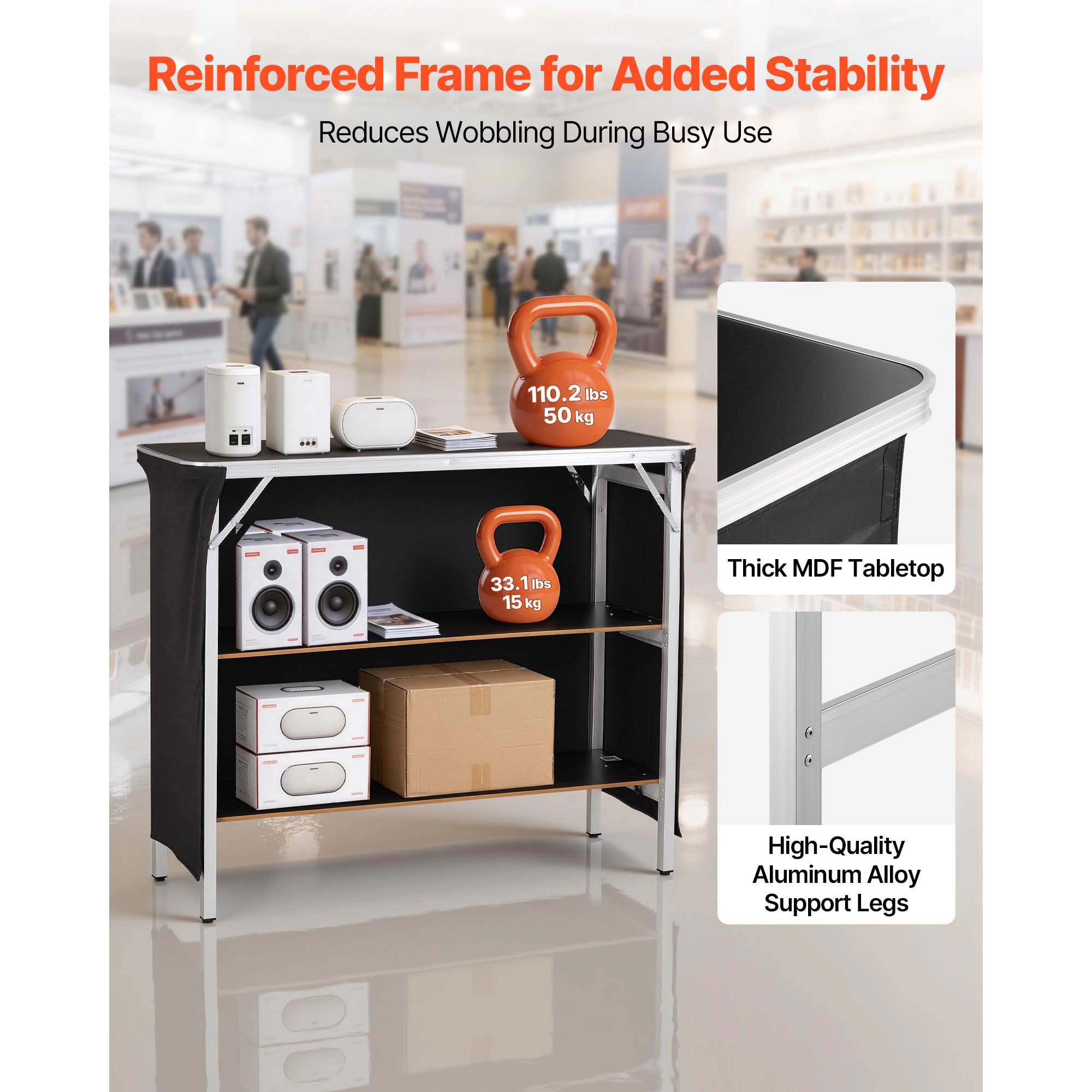 HONGGE Folding Portable Bar Table with Carry Bag 2 Storage Shelves and Detachable Skirt Quick and Easy Setup Foldable