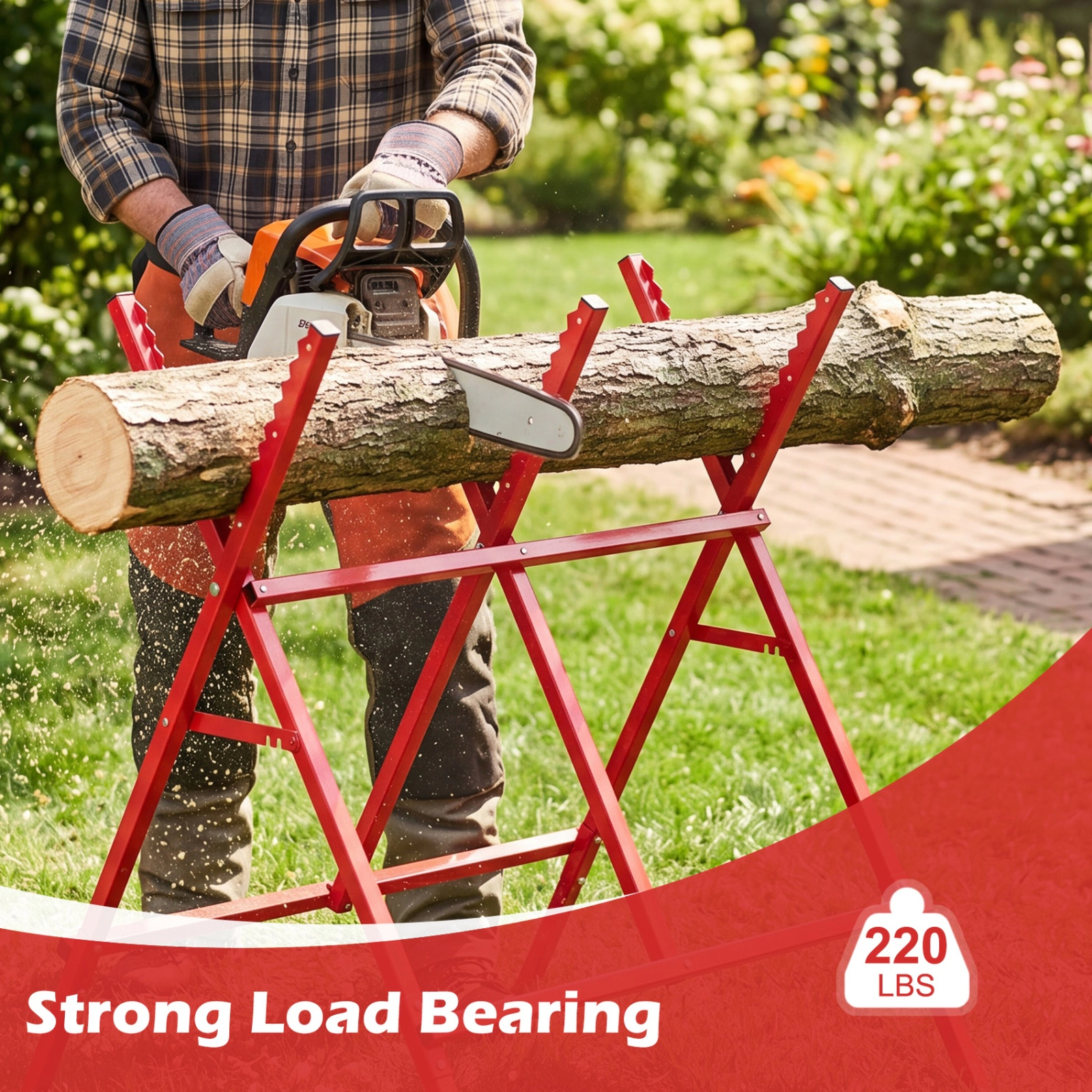 SUGIFT Folding Anti-Slip Sawteeth Heavy-Duty Metal Log Saw Horse 29-in x 31-in x 39-in 220-lb Capacity Red