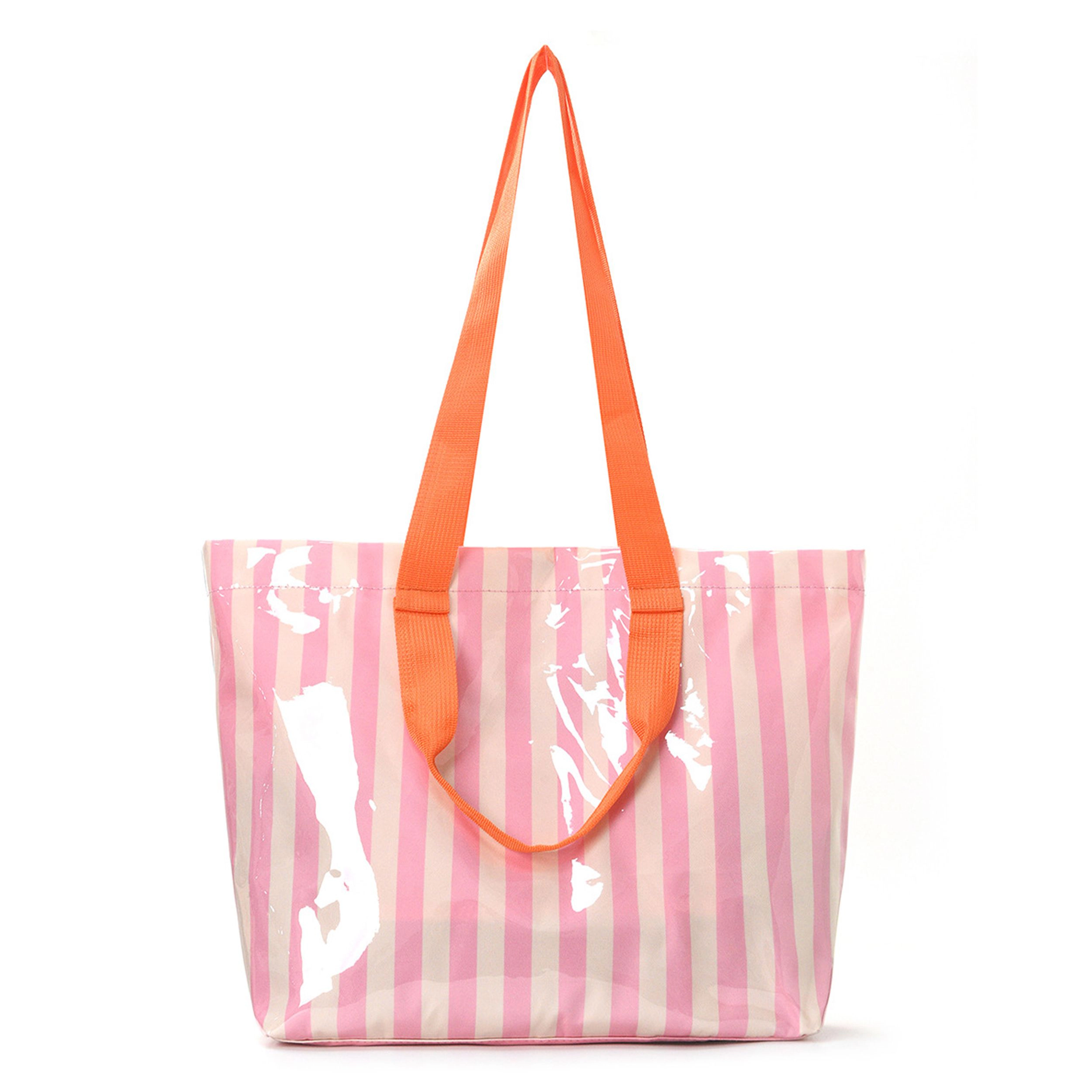 Alilang Women's Striped PVC Beach Tote Bag with Magnetic Closure and Zip Pocket, Green Pink Stripe