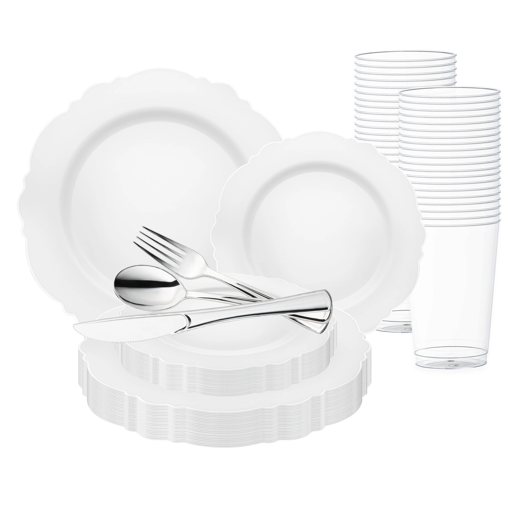 Smarty Had A Party White with Silver Rim Round Blossom Disposable Plastic Wedding Value Set