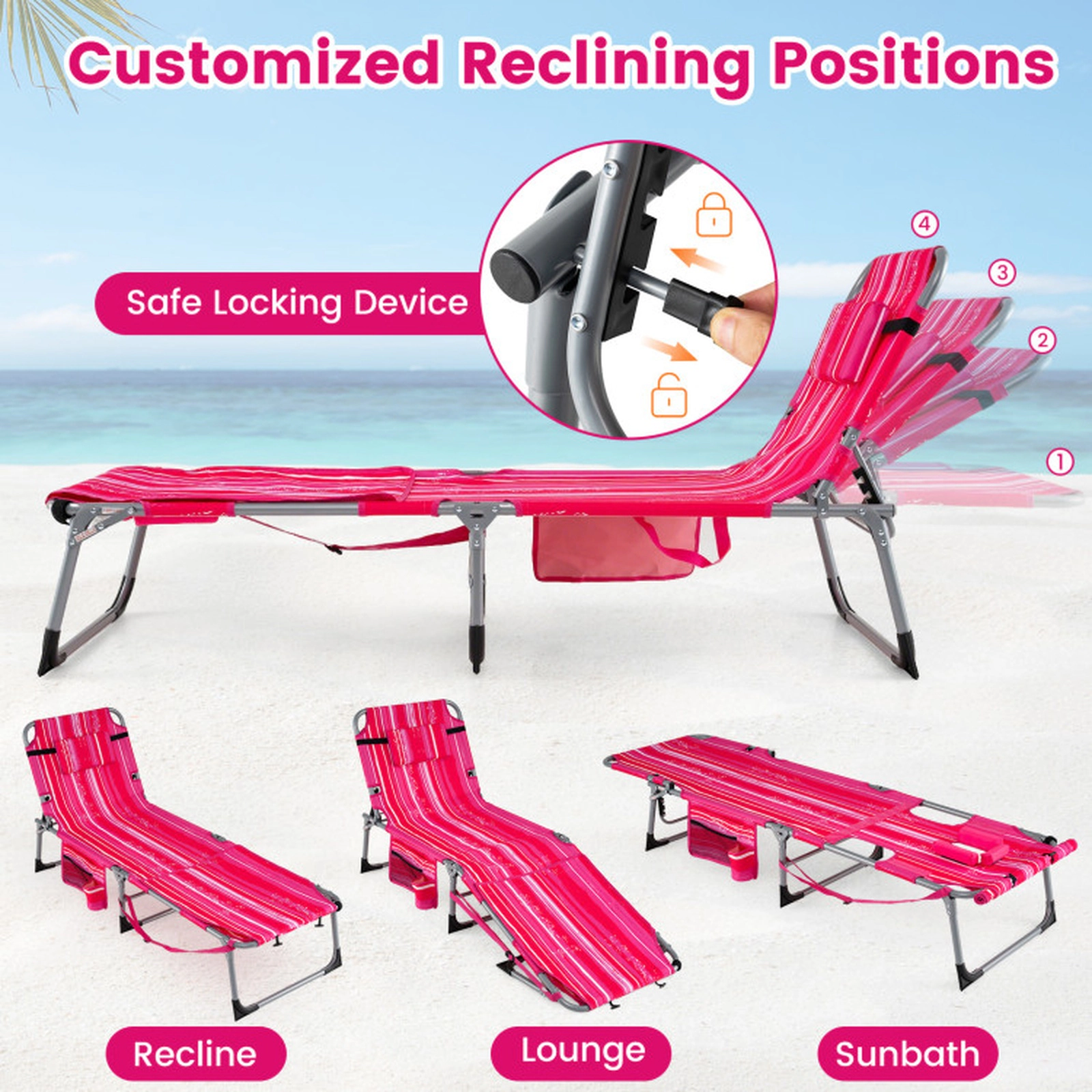 SUGIFT Set of 2 Portable Tanning Chairs with Face and Arm Holes 330-Lb Capacity 76.5-in Adjustable Backrest Pink Strip
