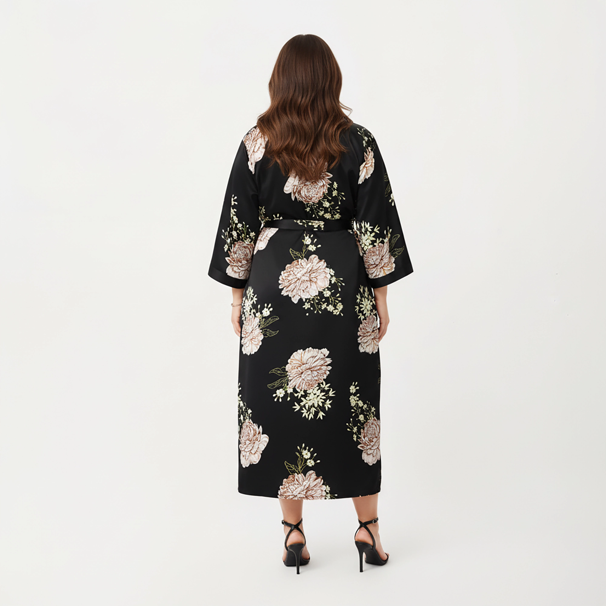 Anna-Kaci Women's Plus Floral Satin Long Robe with Contrast Trim Wrap Front Silhouette and Waist Tie Belt