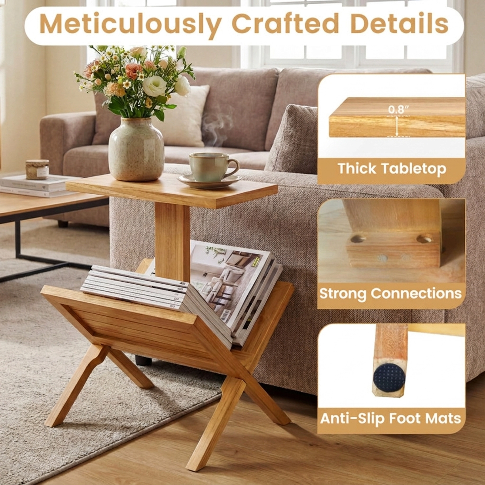 SUGIFT Natural Teak Wood Side Table, 20.5 in, Magazine Rack and Open Storage Shelves