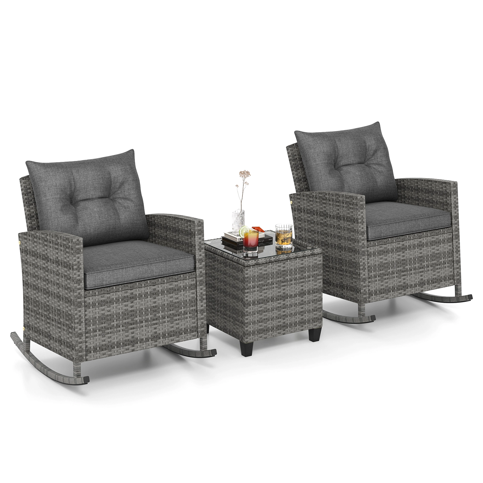 SUGIFT 3-Piece Patio Rocker Set, 2 Wicker Chairs and Glass Side Table
