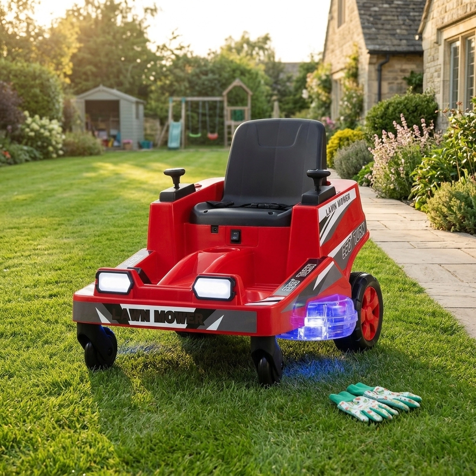 12V Kids Lawn Mower Dual Control Sticks 360-Degree Turn and LED Light-Up Deck for Ages 3-8 Battery Powered Ride On Toy