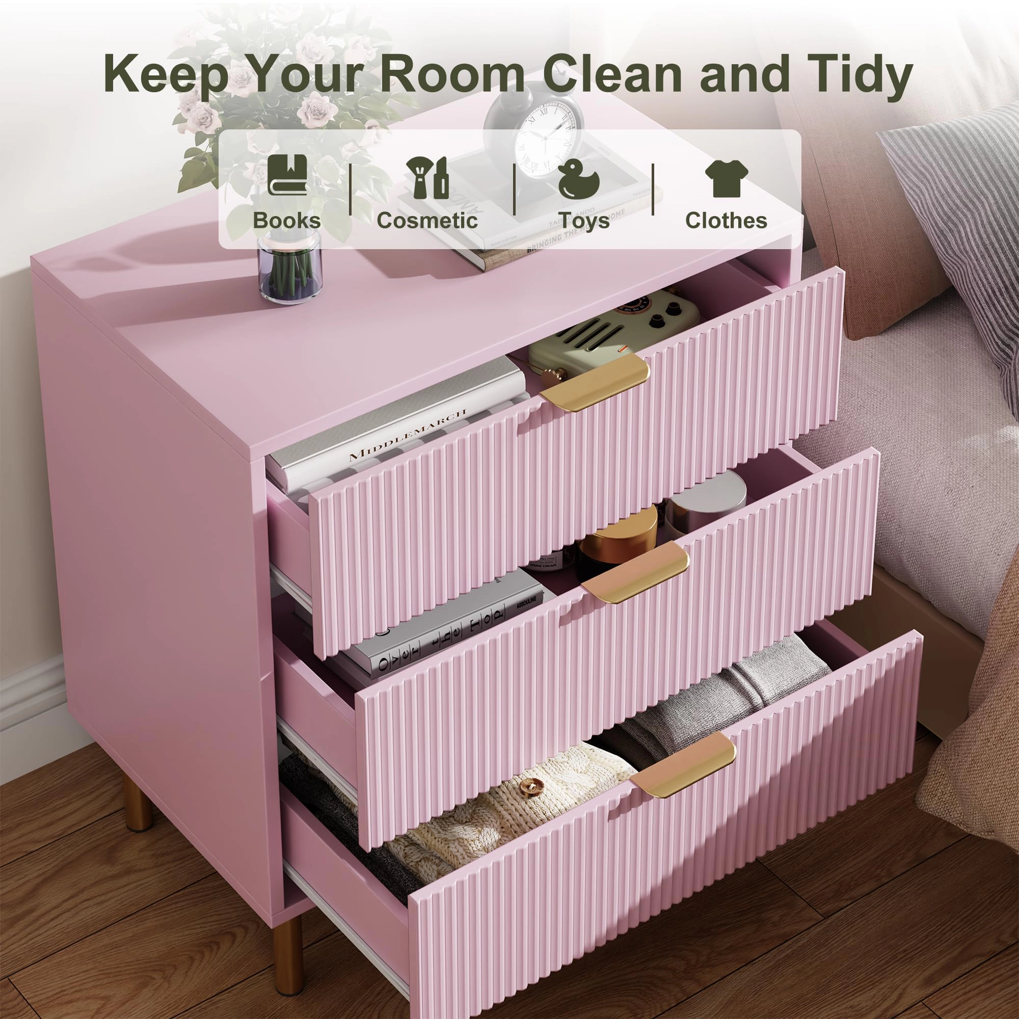 3 Drawer Fluted Dresser with Gold Handles & Metal Legs, Wooden Storage Chest for Bedroom Entryway