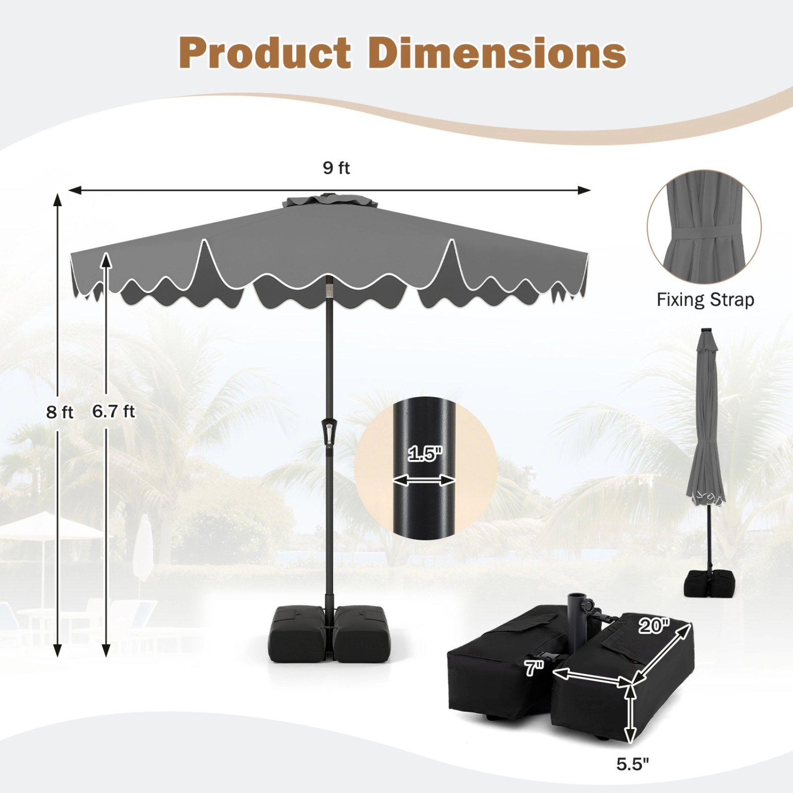 SUGIFT 9 x 8 ft Gray Ruffled Market Patio Umbrella with Crank Lift, Manual Tilt, Vented Double-Tier Top and 2 Sandbags