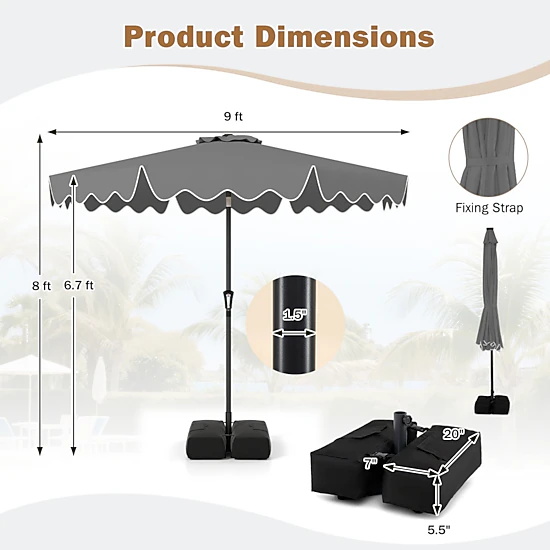 SUGIFT 9 x 8 ft Gray Ruffled Market Patio Umbrella with Crank Lift, Manual Tilt, Vented Double-Tier Top and 2 Sandbags