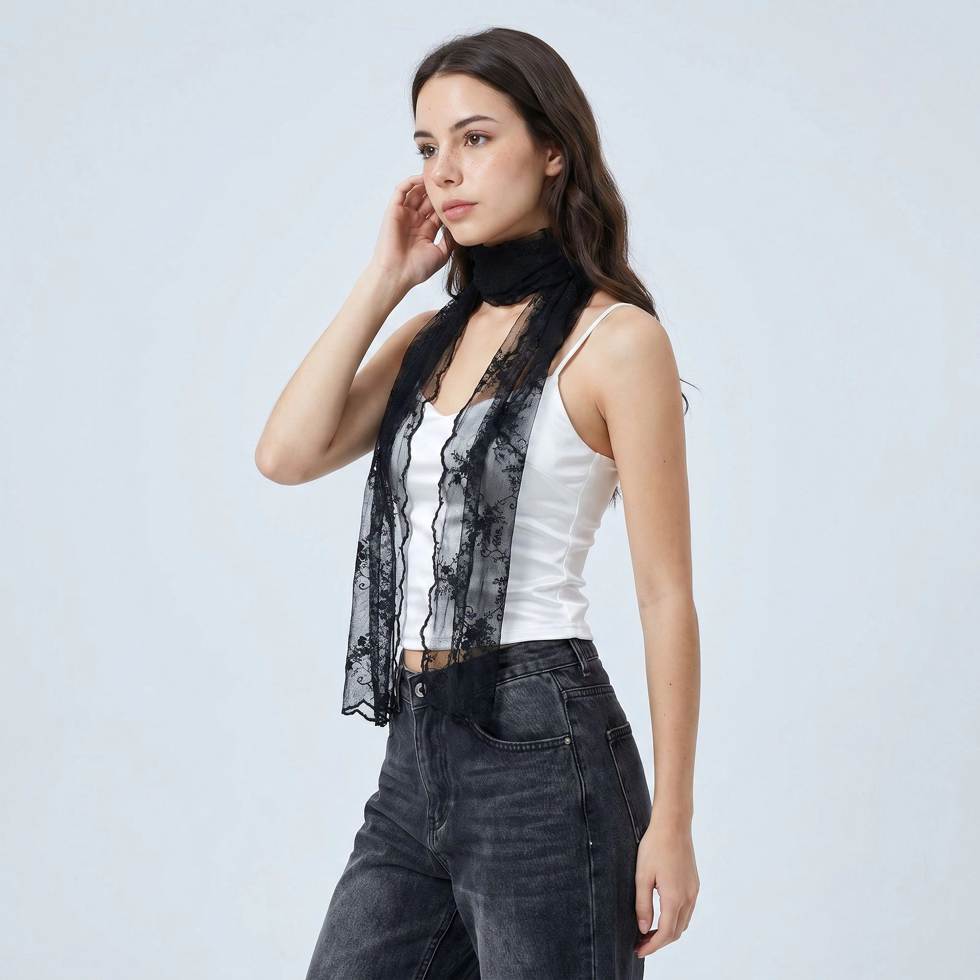 Anna-Kaci Women's Sheer Embroidered Skinny Scarf with Floral Lace Trim and Long Neck Tie Design