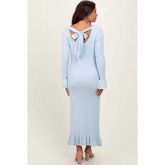 PinkBlush Womens Light Blue Ribbed Knit Bow Back Maternity Maxi Dress