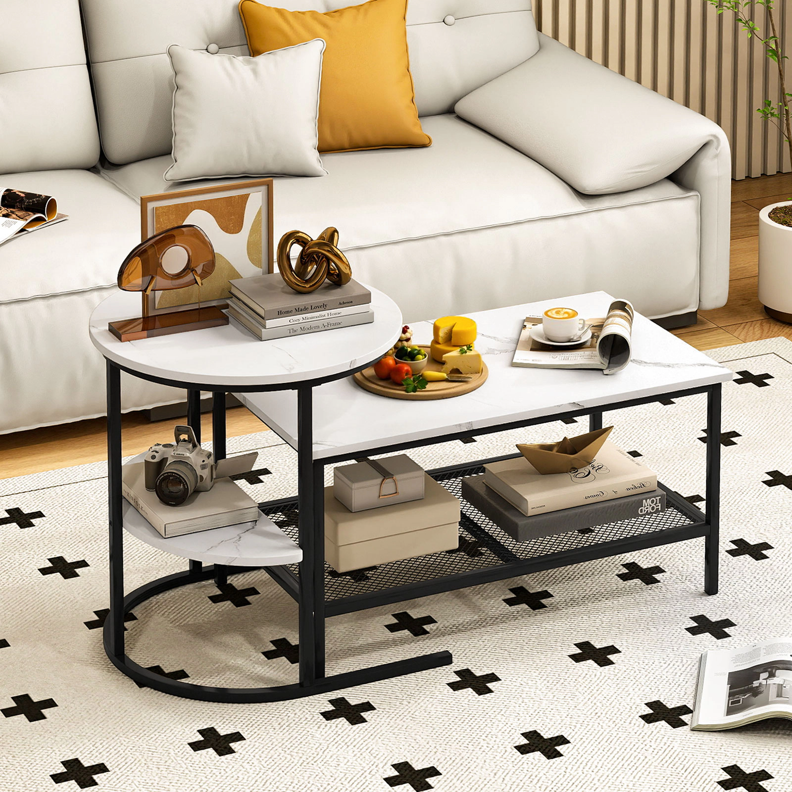 SUGIFT 2-Piece Coffee and Side Table Set, White and Black, Mesh Shelves, 100 lb Tabletop Capacity