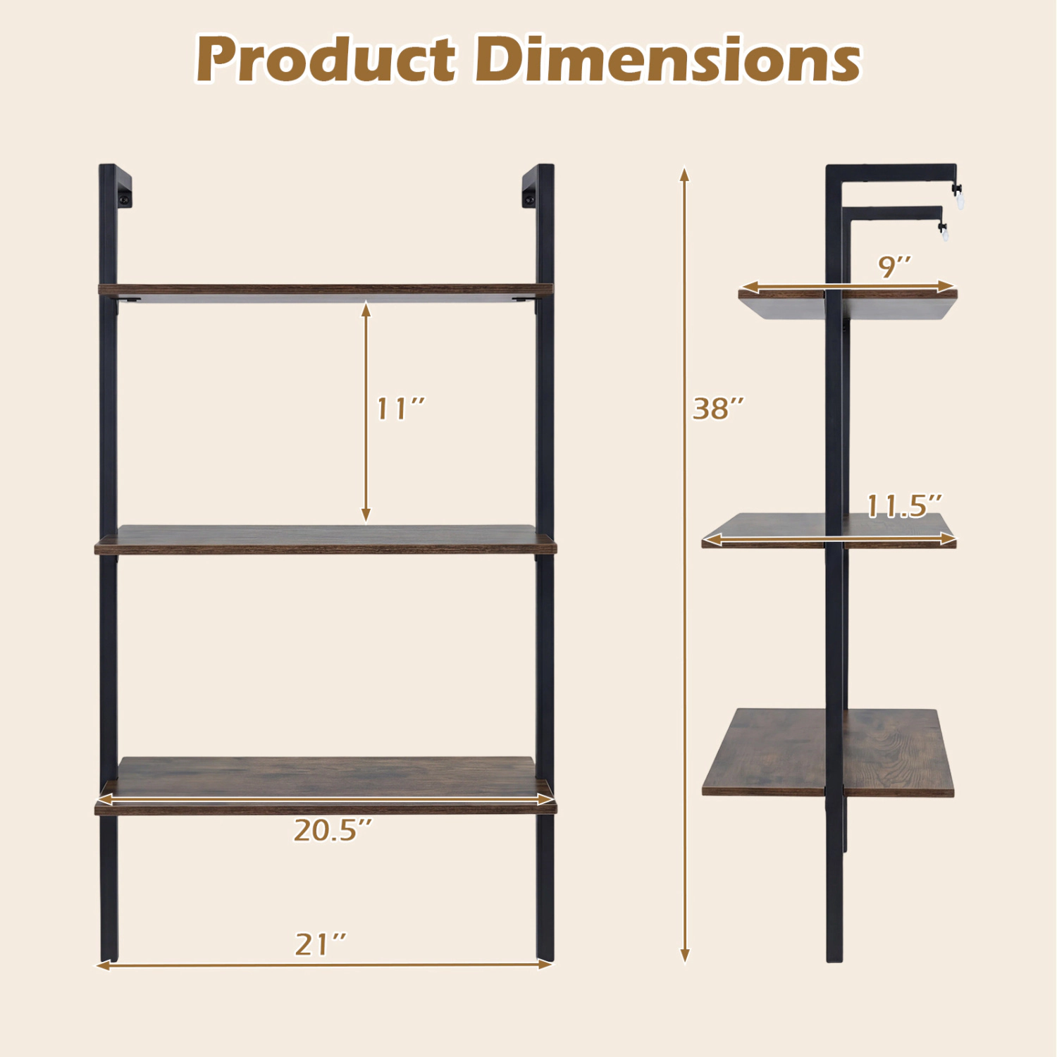 LJG 3-Tier Modern Wall Mounted Shelves Wooden Floating Shelving Unit Metal Ladder Bookshelf