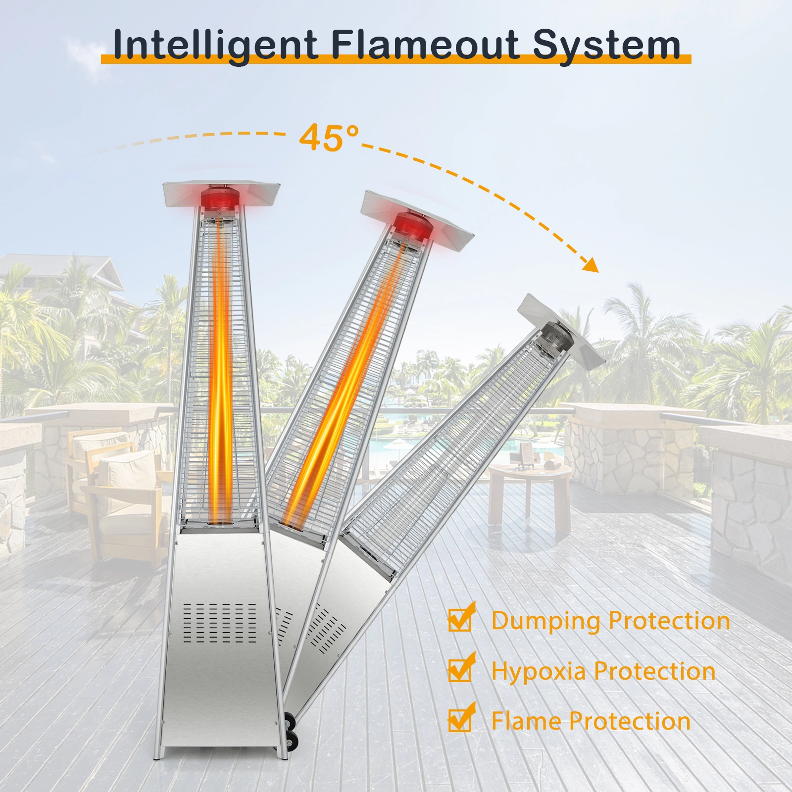 SUGIFT 42000 BTU Pyramid Patio Heater with Reflective Cover Stainless Steel Burner 90-in Tall Silver with Wheels
