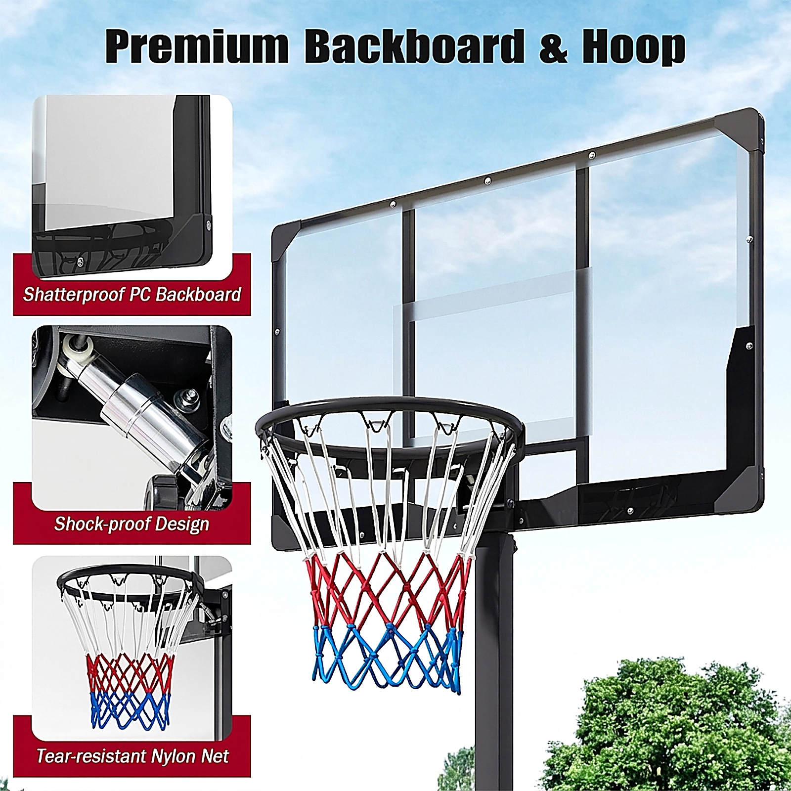 SUGIFT Black Foldable Basketball Hoop with Stepless Rotating Handle and PC Backboard 7.54-ft to 10-ft H 18-in Rim