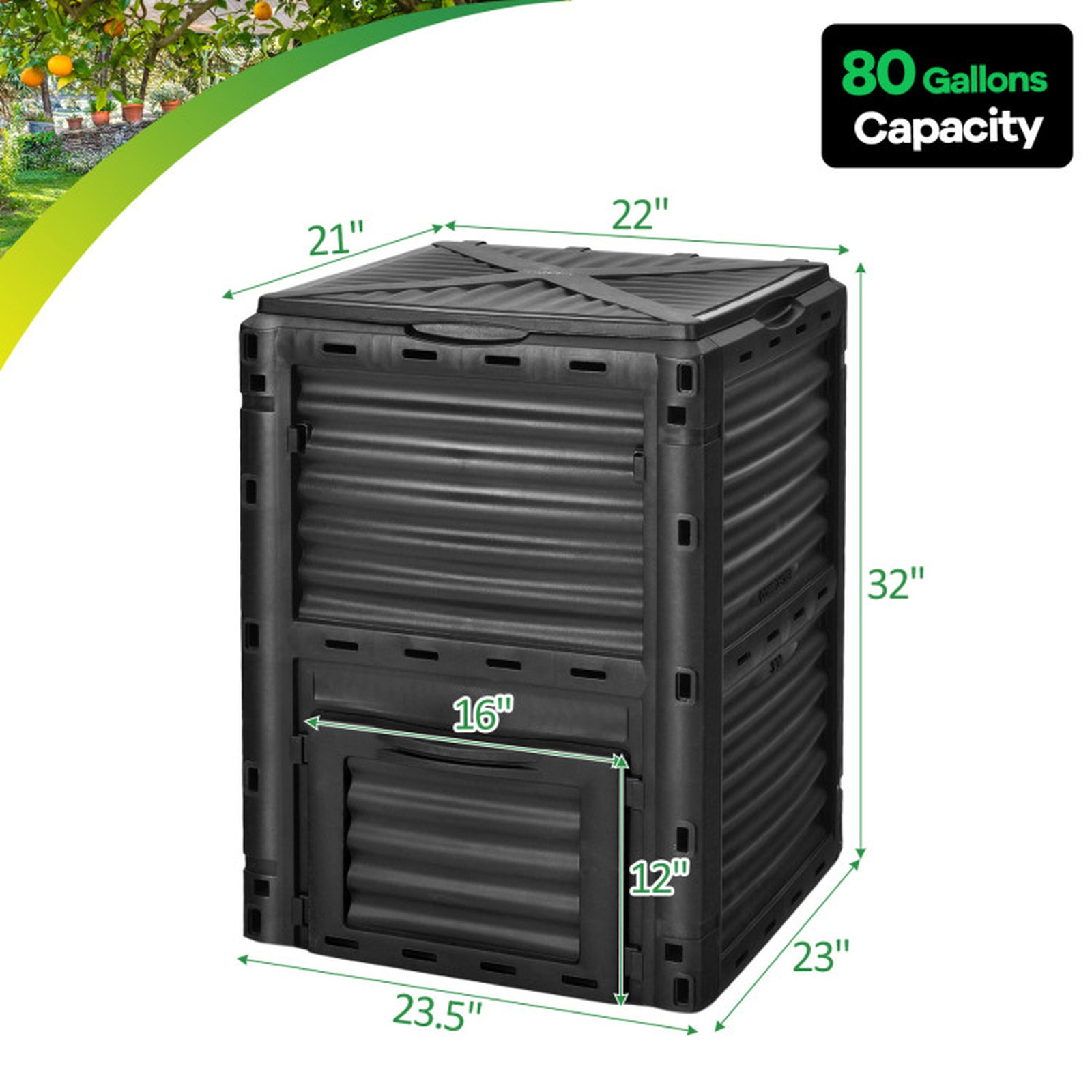 SUGIFT 80-Gal Heat-Retaining PP Openable Lid Bottom Exit Door Outdoor Composter Bin 23.5-in x 23-in x 32-in Black