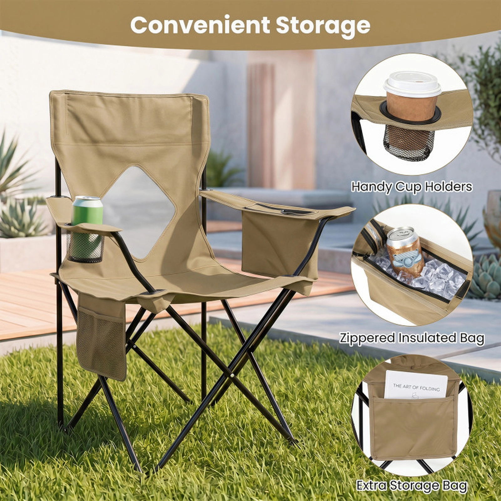 SUGIFT Green Folding Camping Chair with Mesh Backrest and Cooler Bag 35.5-in W 21-in D 37-in H 330-lb Seat Capacity
