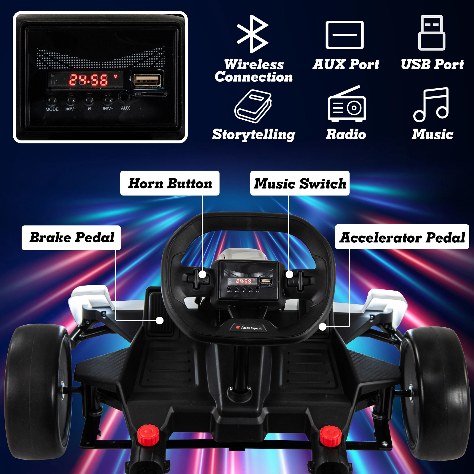 SUGIFT 24V Adjustable Kids Go Kart Ride-On Racing Toy with Drift and Sport Modes 110-lb Capacity Ages 6+ Black & White