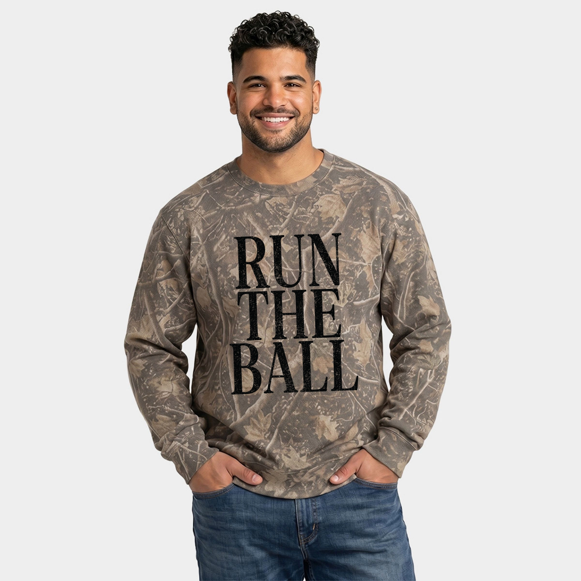 Simply Sage Market - Men's Camo Sweatshirt Run The Ball Tall