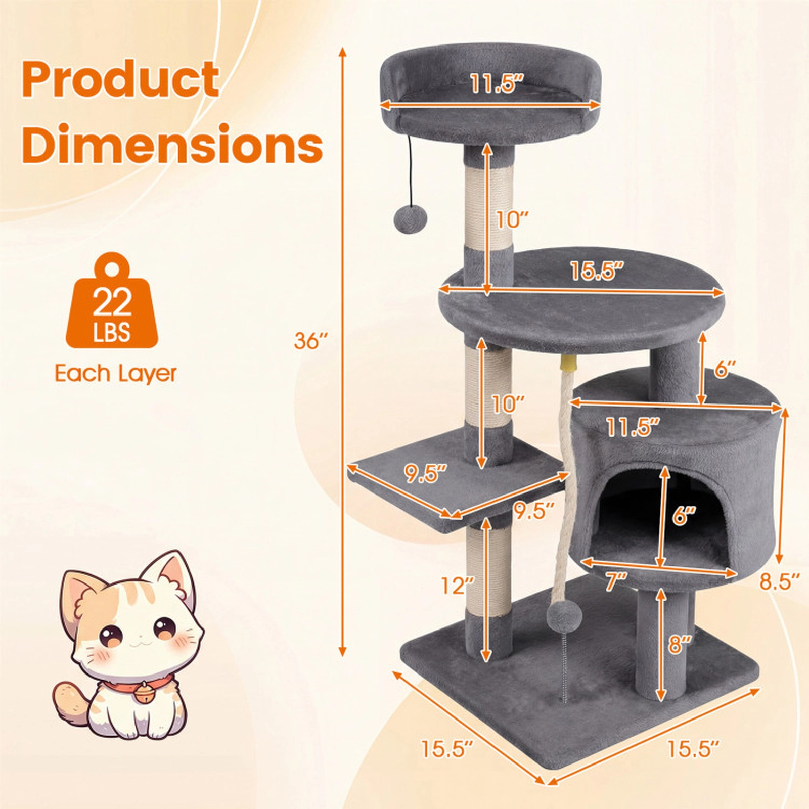SUGIFT 36-in Light Gray Kitten Cat Tree Tower with Plush Top Perch Sisal Posts and Soft Condo for Indoor Cats