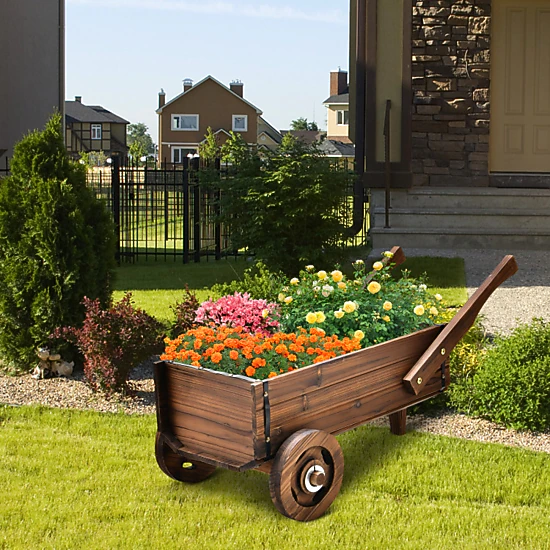 Hivvago Wooden Garden Wagon Planter with Wheels
