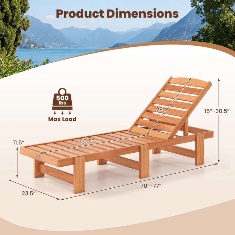 Hivvago Patio Chaise Lounge Chair Solid Wood Slatted Recliner With Adjustable Backrest