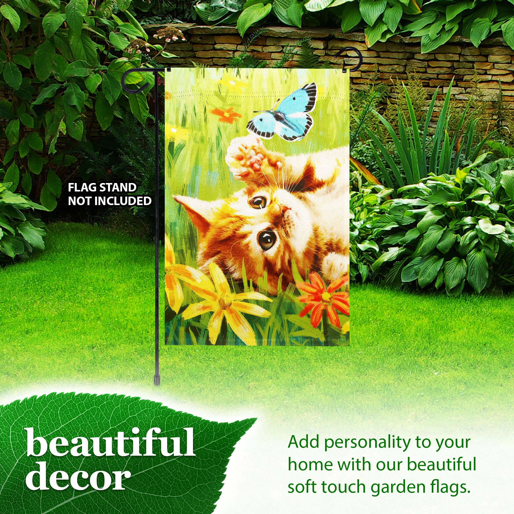 G128 12x18 Inch Kitten Butterfly Flowers Double-Sided Garden Flag, Spring Outdoor Lawn Decoration
