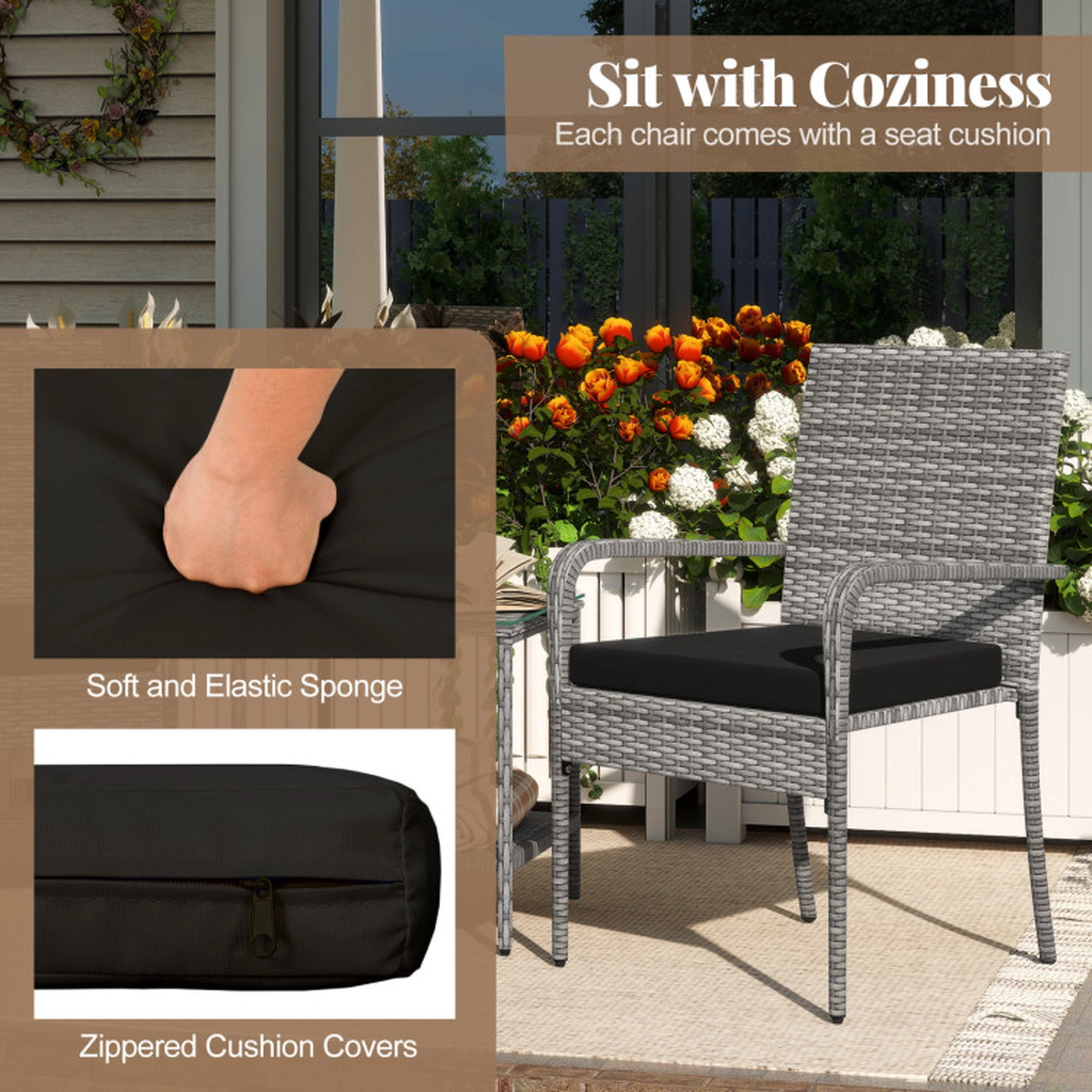 SUGIFT Black Cushions and Glass Side Table 3-Piece Patio Rattan Balcony Chair Set