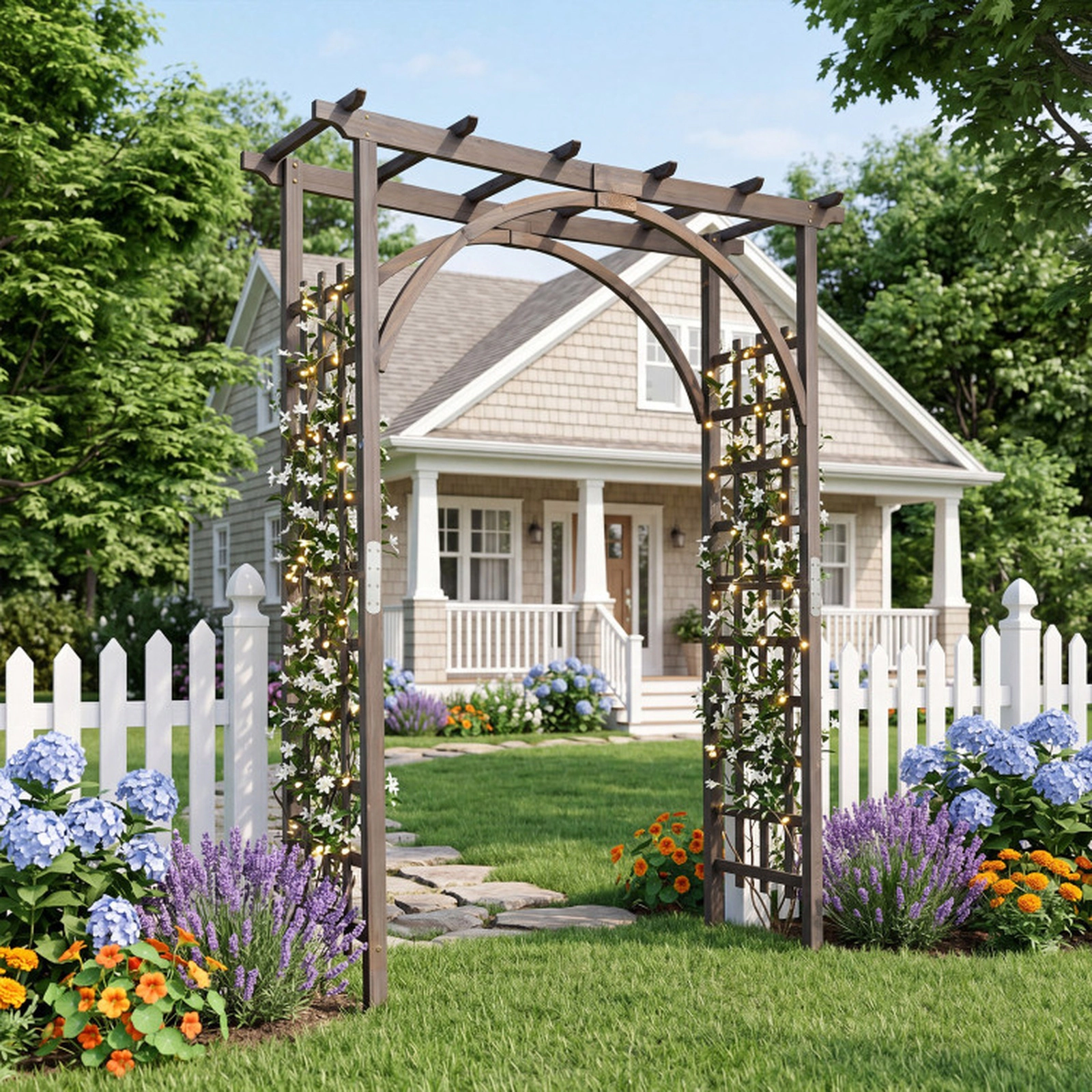 SUGIFT 85-in Flat Top Dark Brown Fir Wood Garden Arch Trellis with 52-in Wide Entry and Metal Connectors