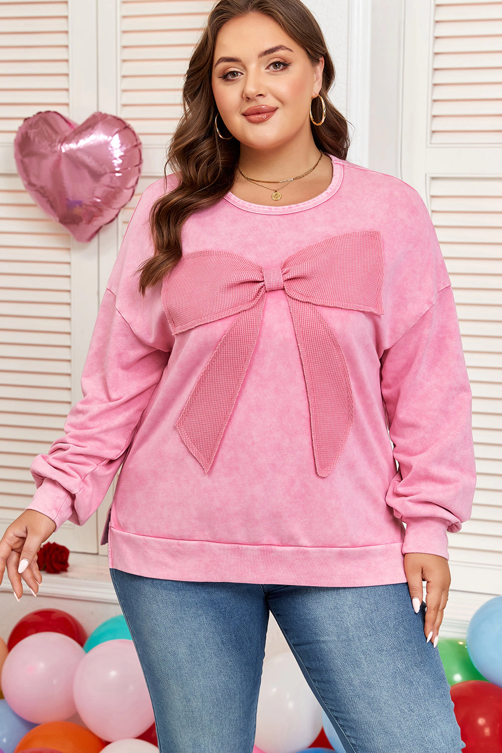 Threaded Pear Women's Bonbon Waffle Bowknot Patchwork Graphic Mineral Wash Plus Sweatshirt