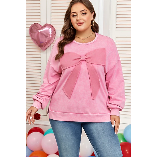 Threaded Pear Women's Bonbon Waffle Bowknot Patchwork Graphic Mineral Wash Plus Size Sweatshirt