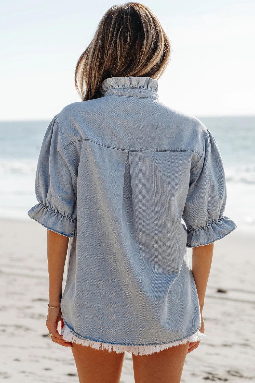 Threaded Pear Women's Aya Ruffle Short Puff Sleeve Summer Chambray Top