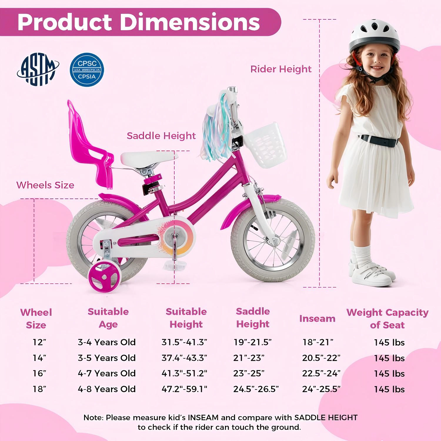 SUGIFT Rose Red Training Wheels Ribbons and Adjustable Seat Kids Bike