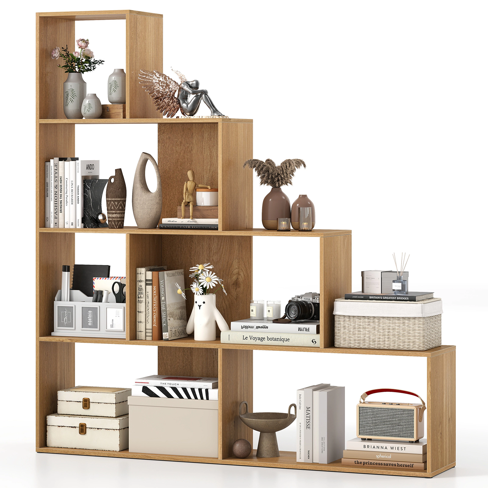 LJG 4-Tier Bookshelf Stair Bookcase with 6 Cubes Display Rack