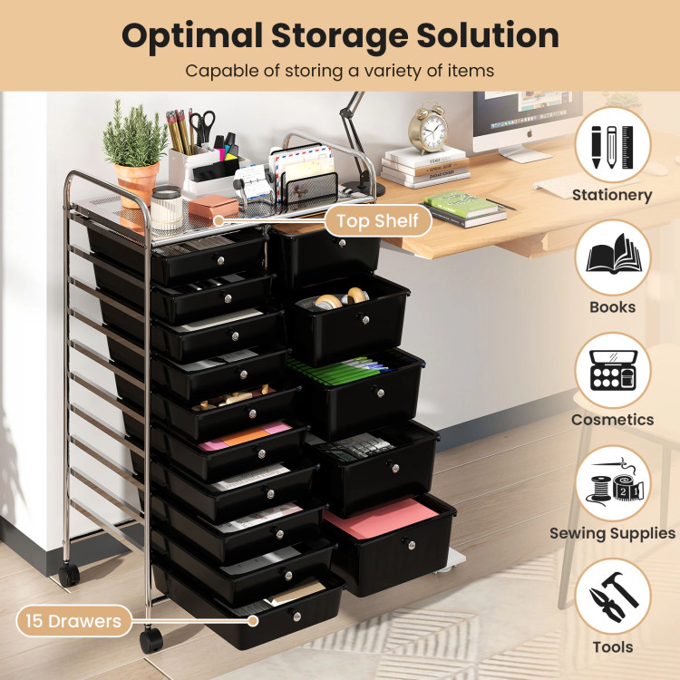Hivvago Rolling Storage Cart 15-Drawer Trolley with Chrome Plated Metal Frame