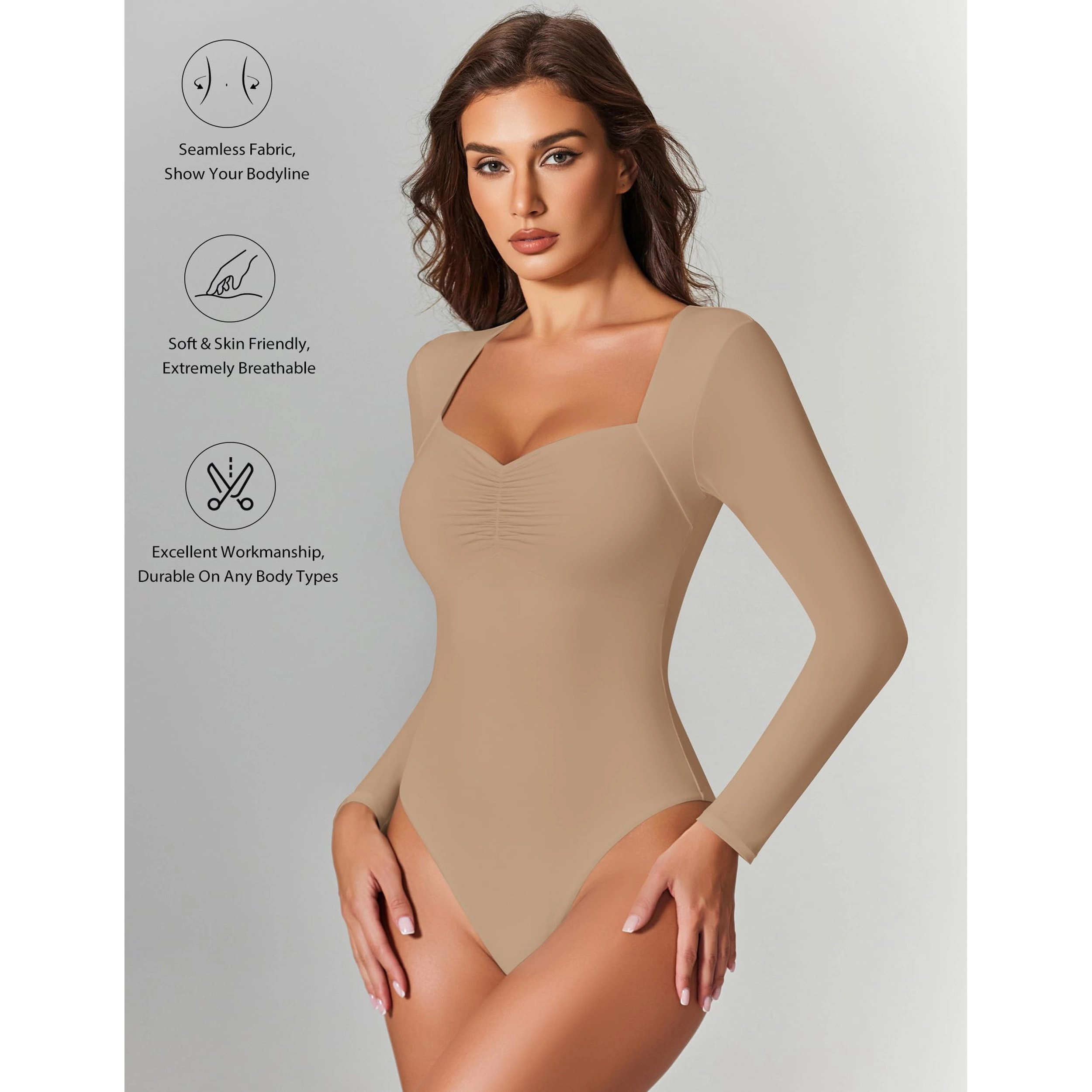 Avidlove Women's Square Sweetheart Neck Ruched Bust Long Sleeve Double Lined Thong Bodysuit