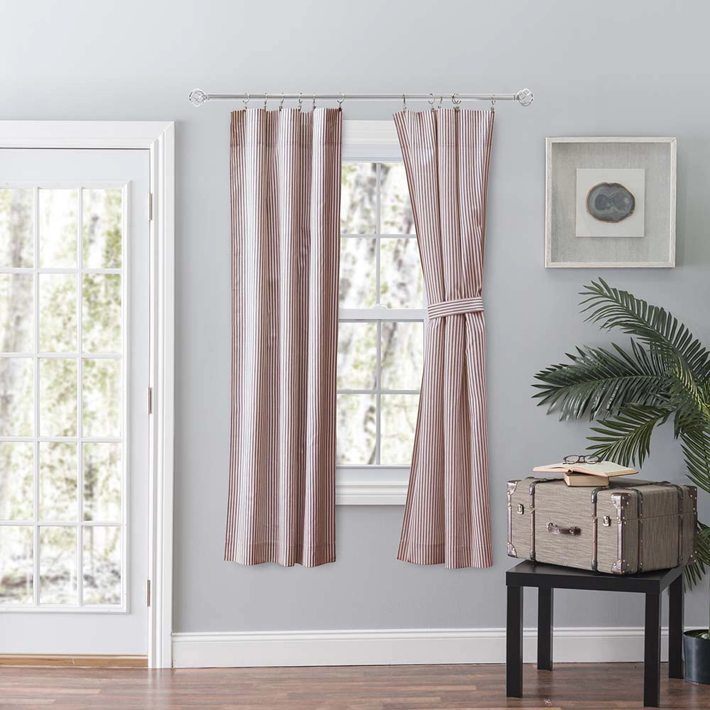 Ellis Curtain Plaza Classic Ticking Stripe Printed on Natural Ground Tailored Panel Pair with Tiebacks 56" x 63" Brick